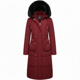 RueWear Luxe Crimson Long Puffer Coat with Faux Fur Hood – Winter Fashion & Extreme Warmth
