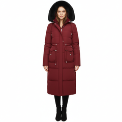 RueWear Luxe Crimson Long Puffer Coat with Faux Fur Hood – Winter Fashion & Extreme Warmth