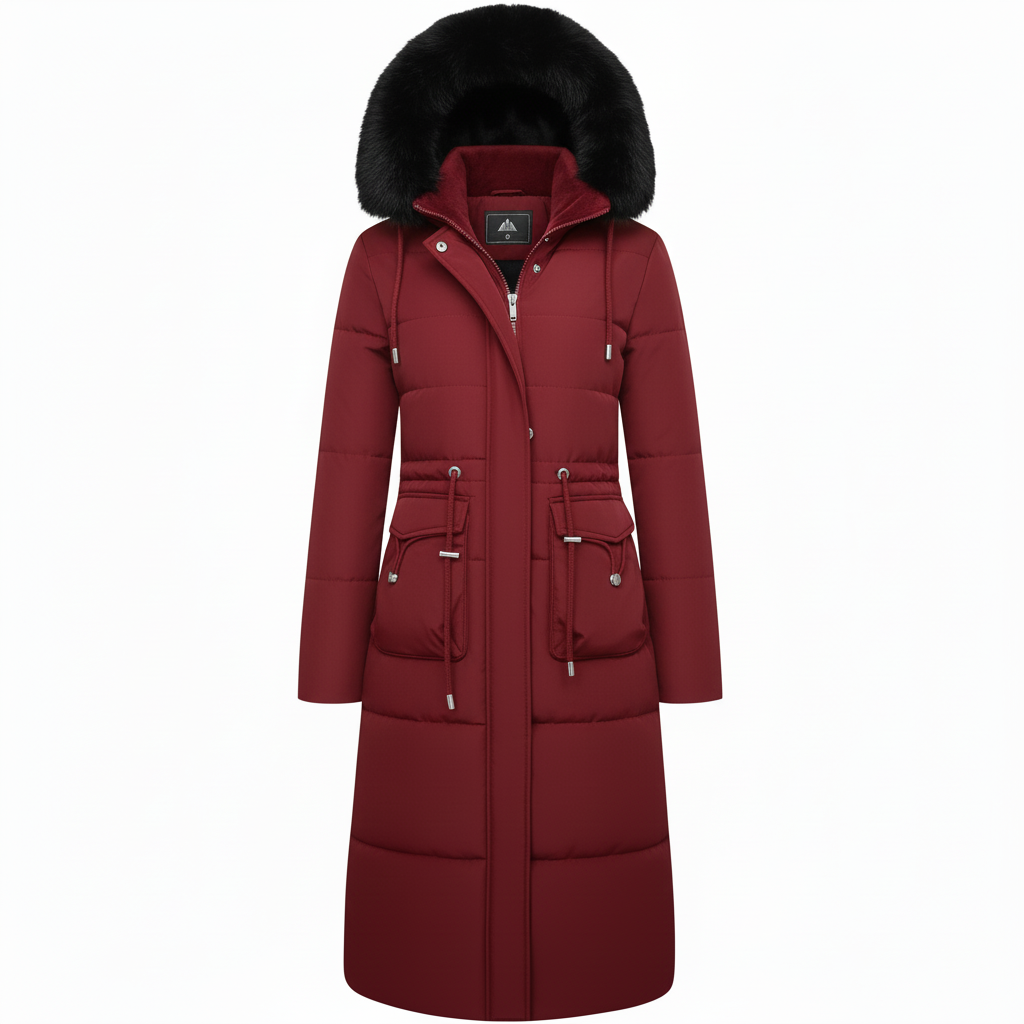 RueWear Luxe Crimson Long Puffer Coat with Faux Fur Hood – Winter Fashion & Extreme Warmth