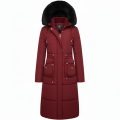 RueWear Luxe Crimson Long Puffer Coat with Faux Fur Hood – Winter Fashion & Extreme Warmth