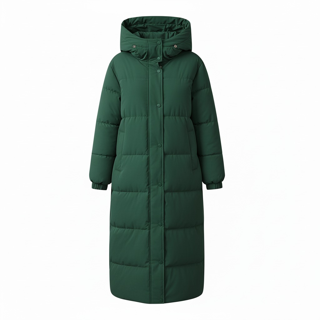 RueWear Arctic Forest Long Puffer Coat – Ultra Warm Hooded Winter Jacket