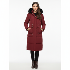 RueWear Luxe Crimson Long Puffer Coat with Faux Fur Hood – Winter Fashion & Extreme Warmth